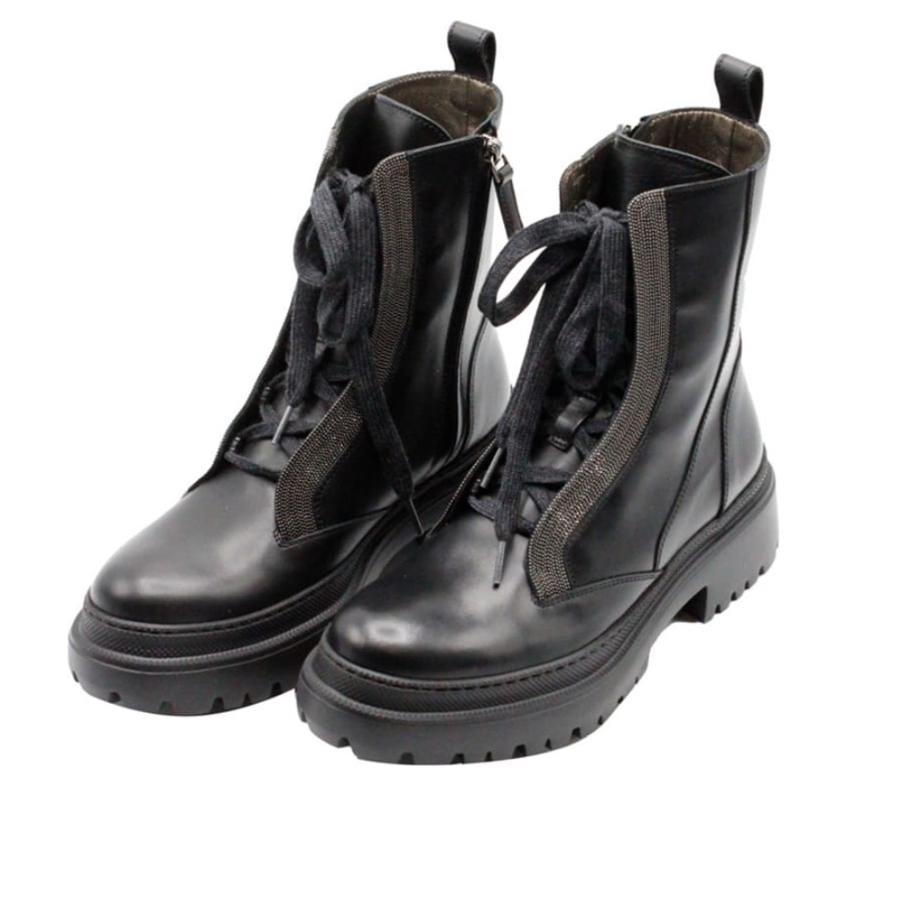 Brunello Cucinelli Black Leather Lace-Up Boots